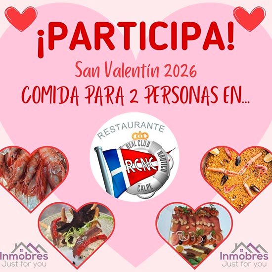 Sorteo de San Valentín 2026: Comida para 2 personas en el Restaurante Club Náutico de Calpe
