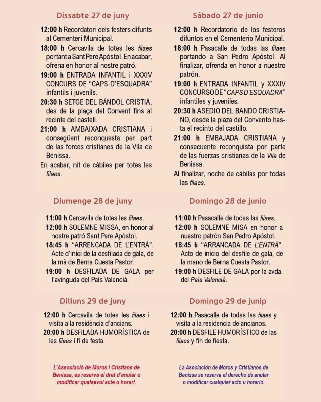 Programación Moros y Cristianos Benissa 2026 - 2
