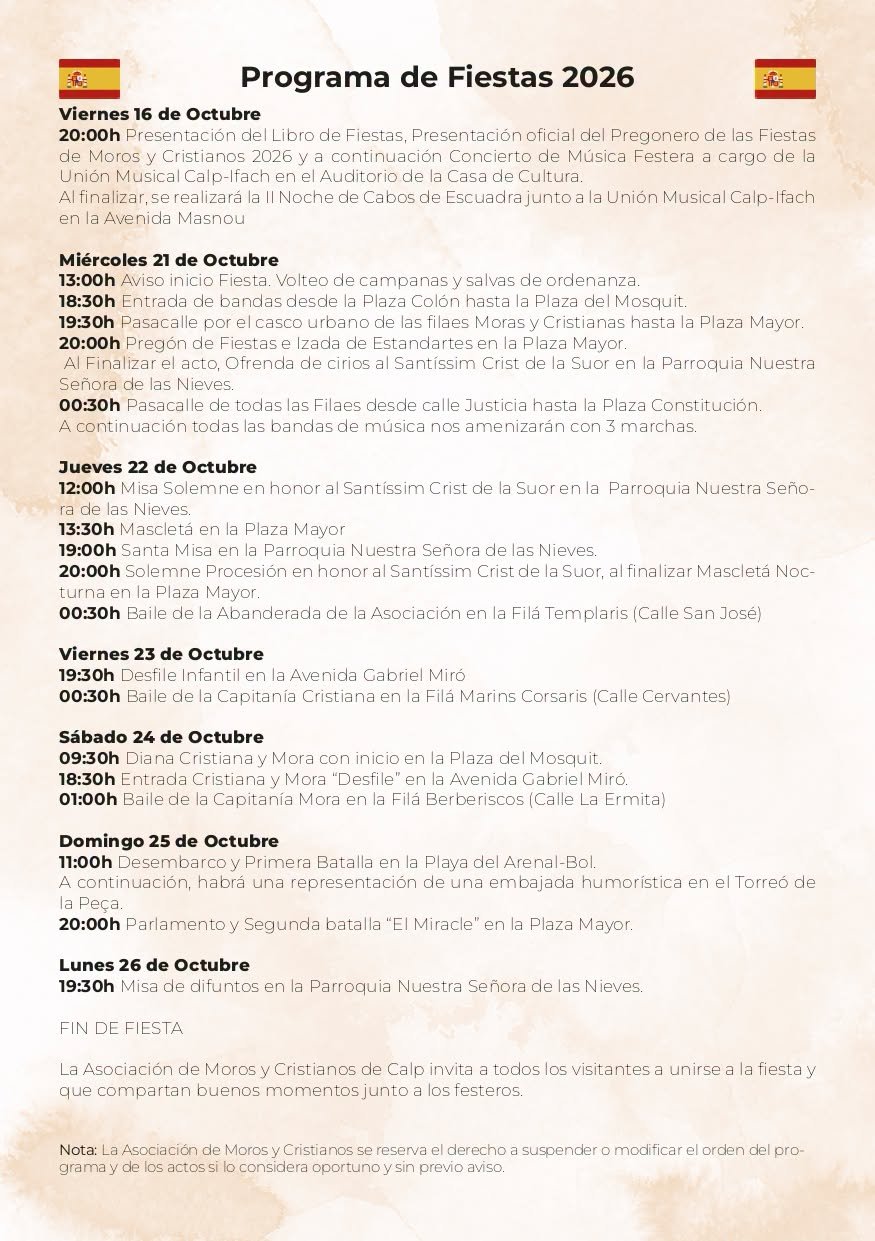 Programación Moros y Cristianos Calpe 2026 1 Programación Moros y Cristianos Calpe 2026 - Español